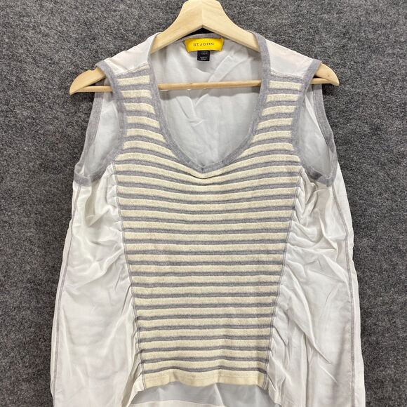 St. John Tank Women L Large White Striped Silk Sleeveless Round Neck Sheer - Picture 3 of 9